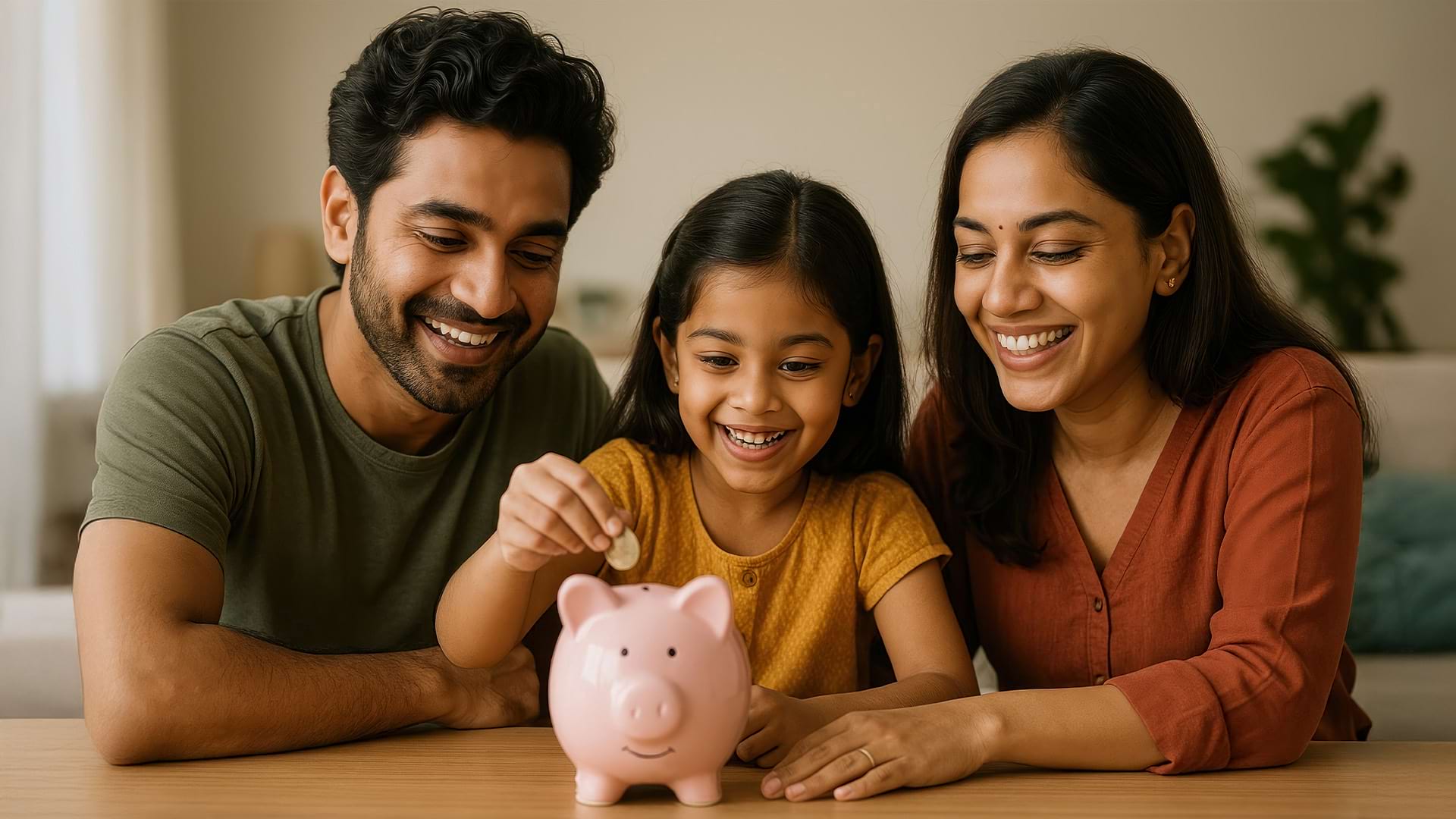 A young girl sits at a table between two smiling adults, likely her guardians, as she places a coin into a pink piggy bank. The piggy bank is prominently positioned in the foreground, symbolizing saving and financial literacy. The warmly lit indoor setting suggests a cozy home environment, emphasizing a positive and supportive moment of teaching children about money.