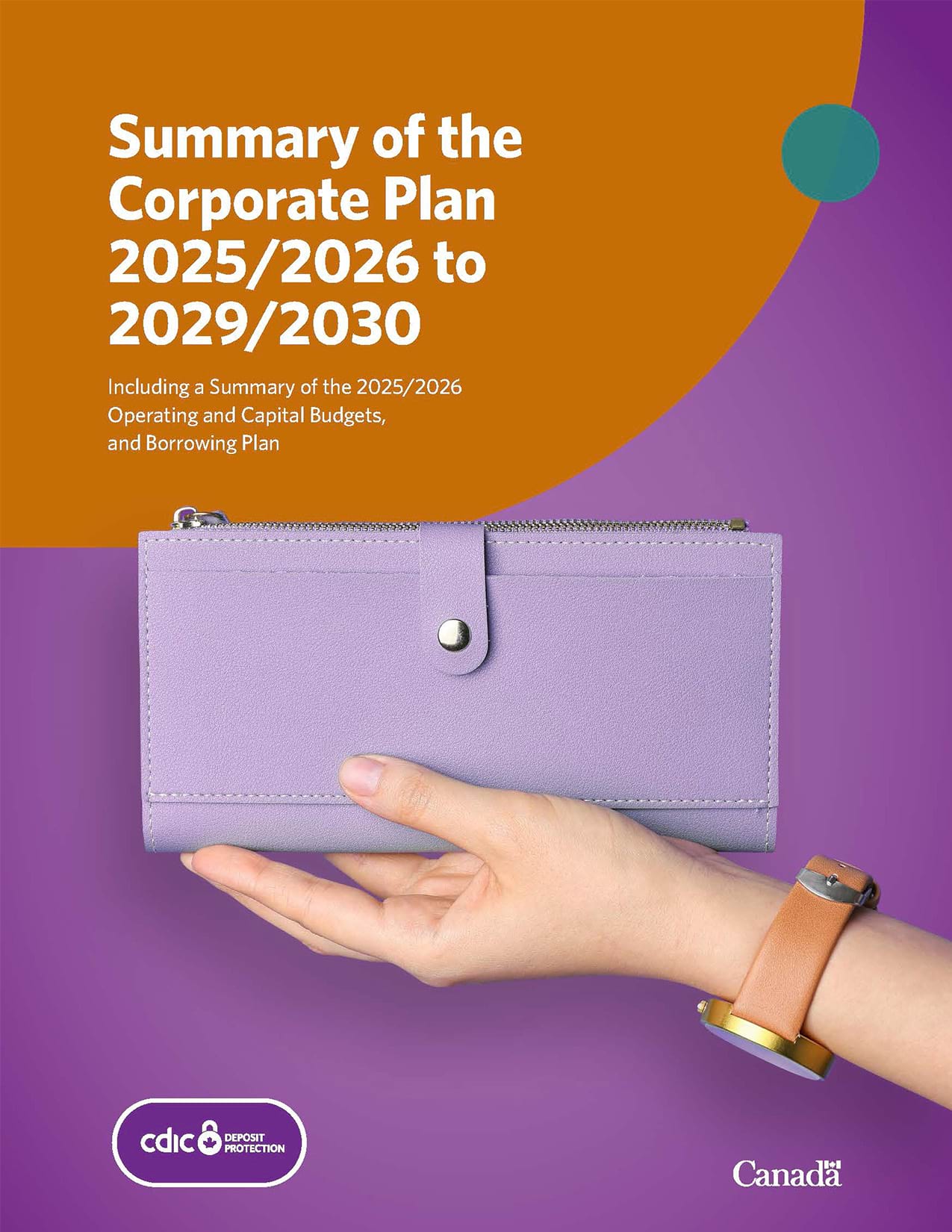 Cover page titled "Summary of the Corporate Plan 2025/2026 to 2029/2030" with a hand holding a lavender wallet on a purple background, tan leather watch, orange header, and logo for CDIC and Canada wordmark at the bottom.