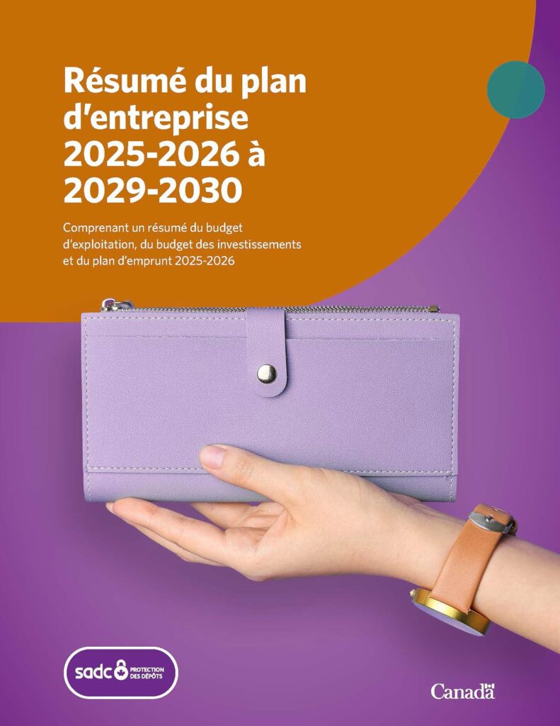 Page couverture intitulée : “Résumé du plan d’entreprise 2025‑2026 à 2029‑2030”, avec une main tenant un portefeuille lavande sur un fond violet, une montre en cuir beige, un en-tête orange et le logo de la SADC et le mot-symbole « Canada » au bas de la page.